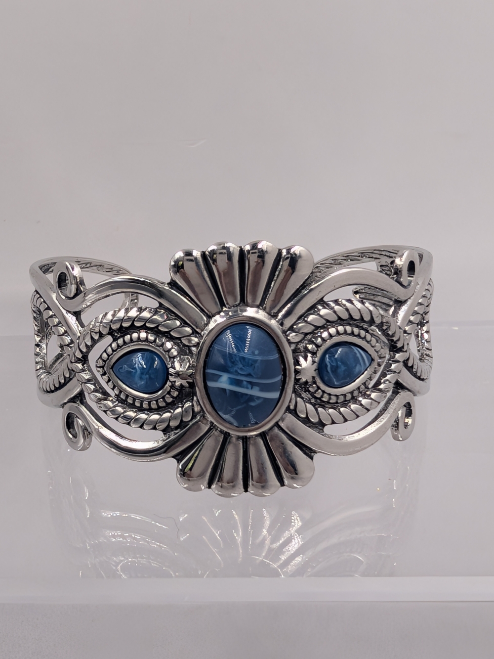 Boho Statement Cuff Bracelet Blue Banded Cabochons Ornate Silver Tone | 1006